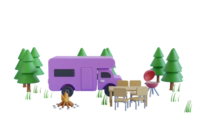 Motorhome camping site  3D Illustration