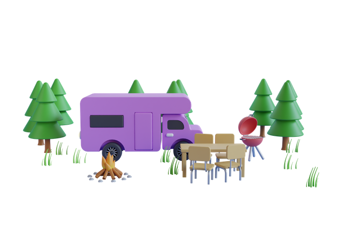 Motorhome camping site  3D Illustration
