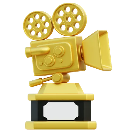 3 D Illustration Of A Whimsical Golden Movie Camera Trophy With Classic Film Reels Symbolizing Cinematic Achievements 3D Icon
