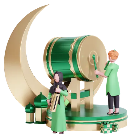Muçulmanos celebram Ramadan Kareem com tambor sehri  3D Illustration