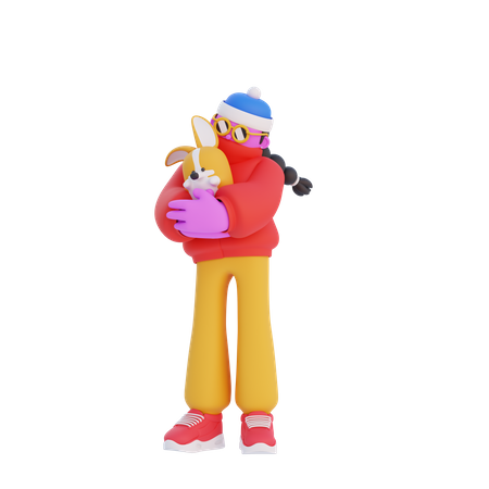 Mujer abrazando mascota  3D Illustration