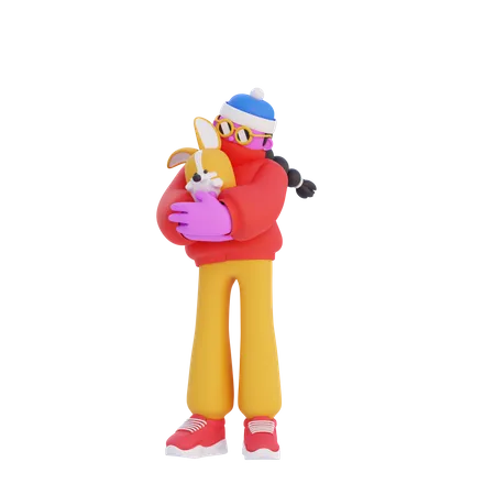 Mujer abrazando mascota  3D Illustration