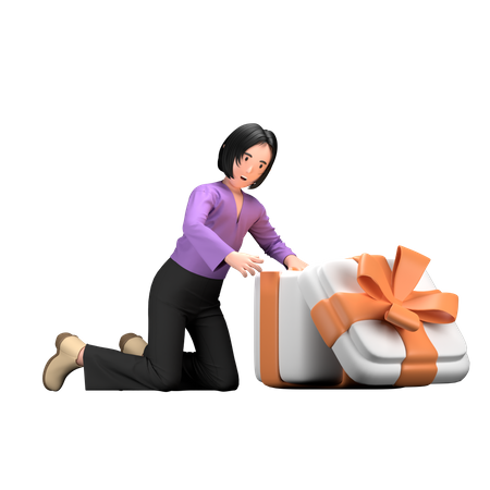 Mujer abriendo regalo sorpresa de cumpleaños  3D Illustration