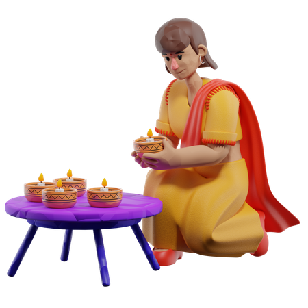 Mujer arreglando diyas  3D Icon