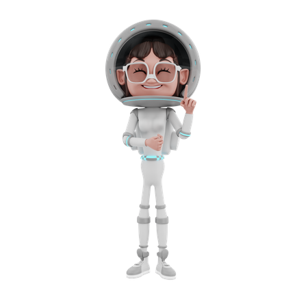 Mujer astronauta apuntando hacia arriba con el dedo  3D Illustration