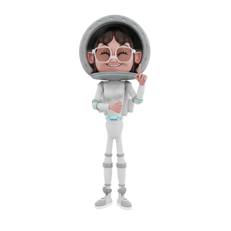 Mujer astronauta apuntando hacia arriba con el dedo  3D Illustration