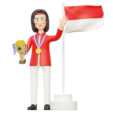 Mujer atleta campeona sosteniendo el trofeo ganador  3D Illustration