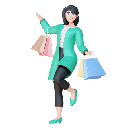 Mujer bailando con bolsa de compras  3D Illustration