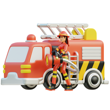 Mujer bombero con coche  3D Illustration