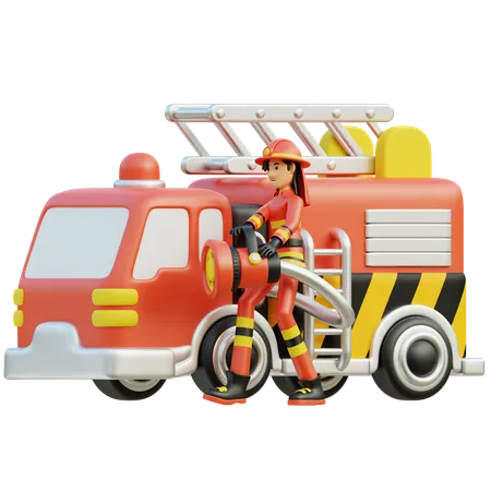 Mujer bombero con coche  3D Illustration