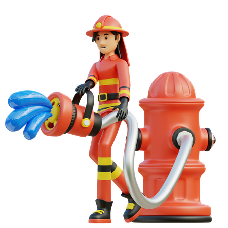 Mujer bombero rociando a través de hidrante  3D Illustration