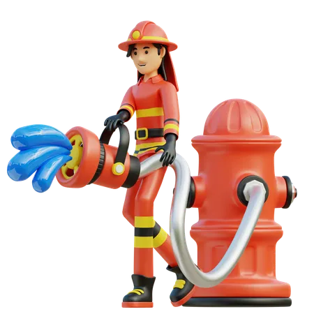 Mujer bombero rociando a través de hidrante  3D Illustration