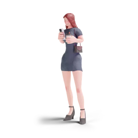 Mujer Bonita Vestida Usando El Telefono Con Cafe En Fondo Transparente Ilustracion 3 D 3D Illustration