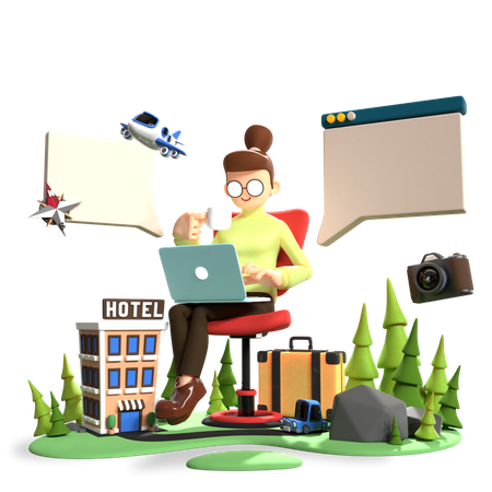 Mujer buscando hotel para vacaciones  3D Illustration