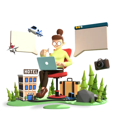 Mujer buscando hotel para vacaciones  3D Illustration