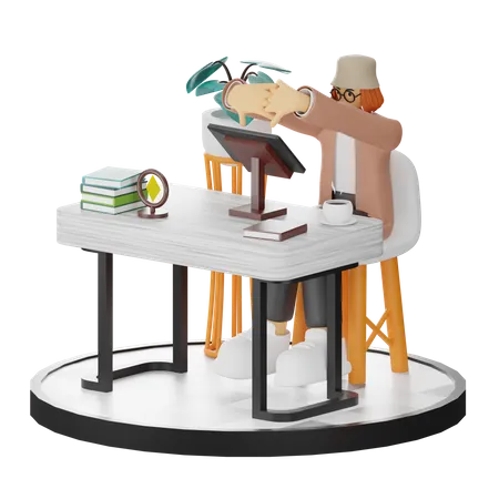 Mujer cansada usando computadora en un espacio de trabajo limpio  3D Illustration