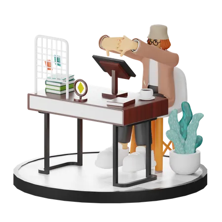 Mujer cansada usando computadora en un espacio de trabajo limpio  3D Illustration