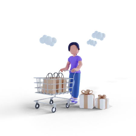 Mujer llevando carrito después de ir de compras  3D Illustration