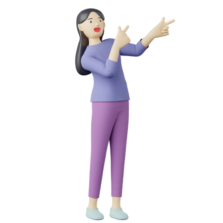 Mujer casual apuntando a la pose correcta.  3D Illustration