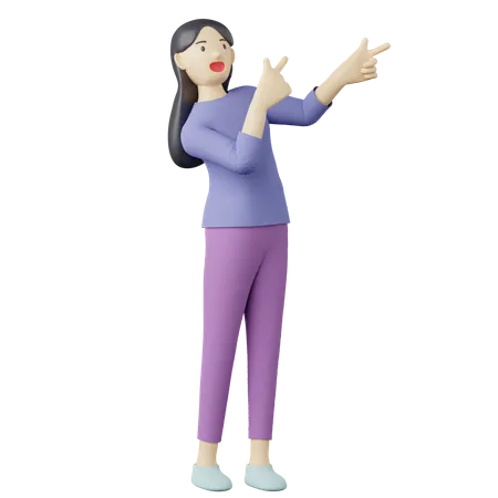 Mujer casual apuntando a la pose correcta.  3D Illustration