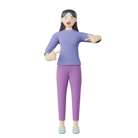 Mujer casual apuntando con el dedo a la pose central  3D Illustration