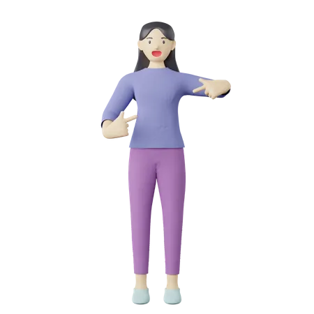 Mujer casual apuntando con el dedo a la pose central  3D Illustration