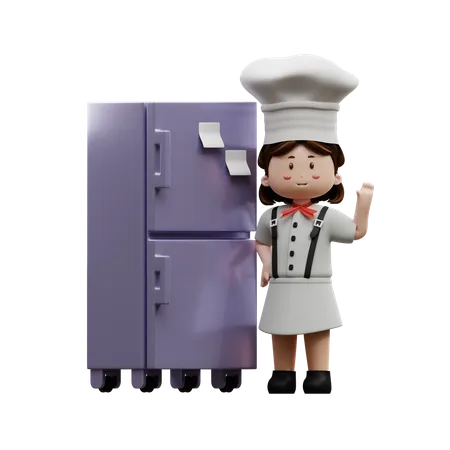 Chef femenina con refrigerador  3D Illustration