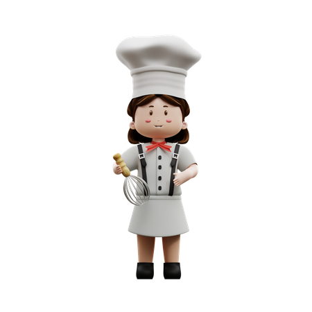 Chef femenina sosteniendo alambre agitador  3D Illustration