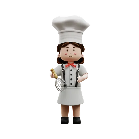 Chef femenina sosteniendo alambre agitador  3D Illustration