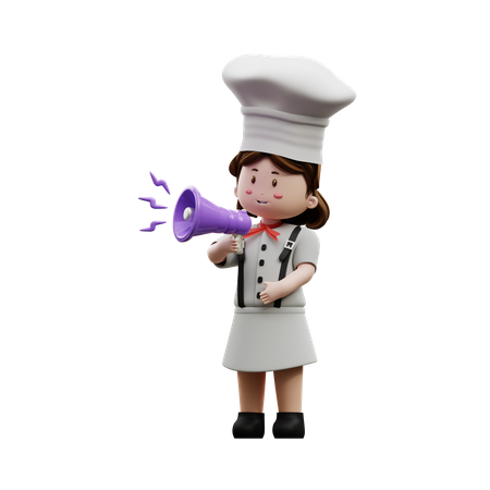 Chef femenina sosteniendo megáfono  3D Illustration