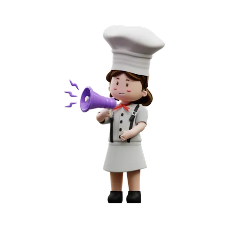 Chef femenina sosteniendo megáfono  3D Illustration