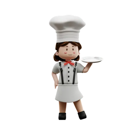 Chef femenina sosteniendo el plato  3D Illustration