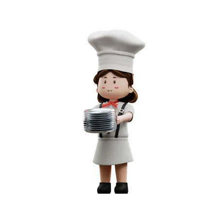 Chef femenina sosteniendo el plato  3D Illustration