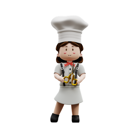 Chef femenina sosteniendo tijeras  3D Illustration