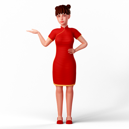 Mujer china presenta objeto con su mano derecha  3D Illustration
