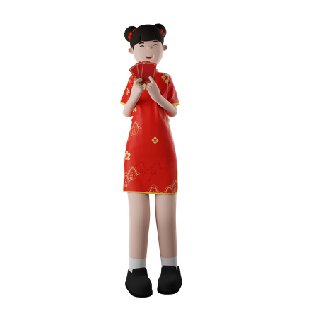 Mujer china sosteniendo Angpao  3D Illustration