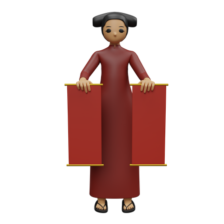 Mujer china sosteniendo pancarta de año nuevo  3D Illustration