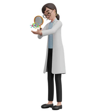 Mujer científica zoom en átomo  3D Illustration
