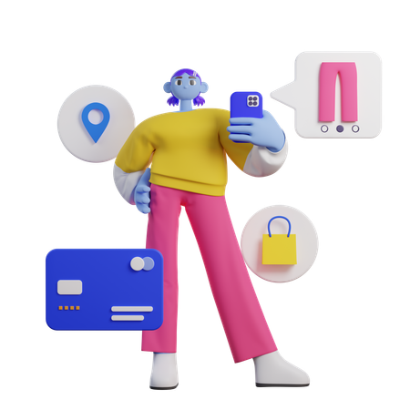 Mujer comprando en línea y sosteniendo el móvil  3D Icon
