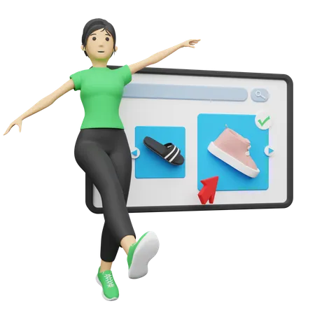 Mujer comprando zapatos en un sitio web  3D Illustration