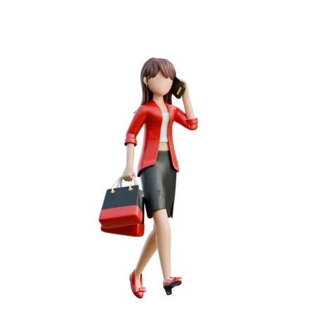 Mujer con auriculares y bolsas de compras  3D Illustration