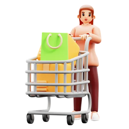 Mujer con carrito de compras  3D Illustration