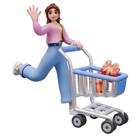 Mujer con carrito de compras mientras agita la mano  3D Illustration