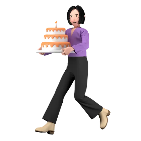 Mujer con pastel de cumpleaños  3D Illustration