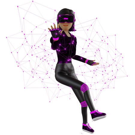 Mujer con plexo en el metaverso del dispositivo de realidad virtual  3D Illustration