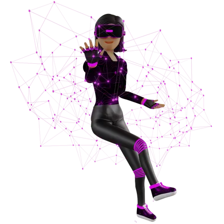 Mujer con plexo en el metaverso del dispositivo de realidad virtual  3D Illustration