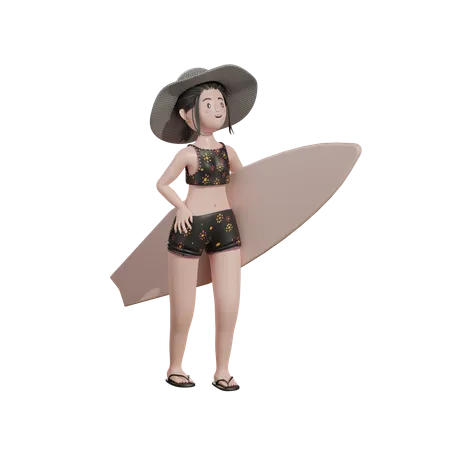 Mujer con tabla de surf  3D Illustration