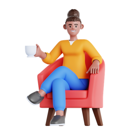 Mujer con taza de bebida sentada en el sofá  3D Illustration