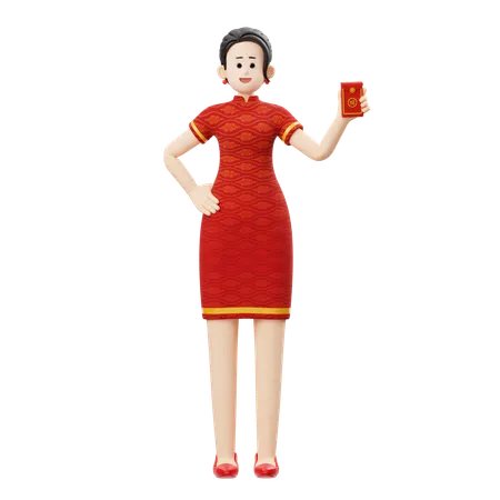 Mujer del año nuevo chino sostiene angpao  3D Illustration