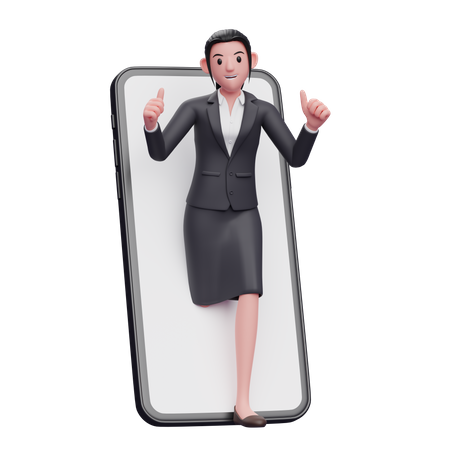 La empresaria aparece desde el interior de la pantalla del teléfono mientras levanta el pulgar.  3D Illustration